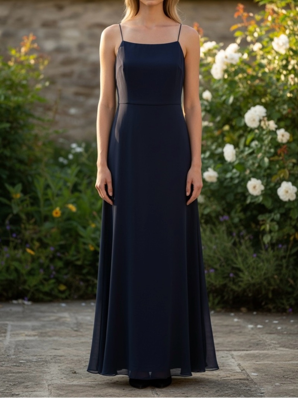 NWT Bari Jay Evening Gown Navy Blue Spaghetti Strap Chiffon Formal Dress Sz 10
